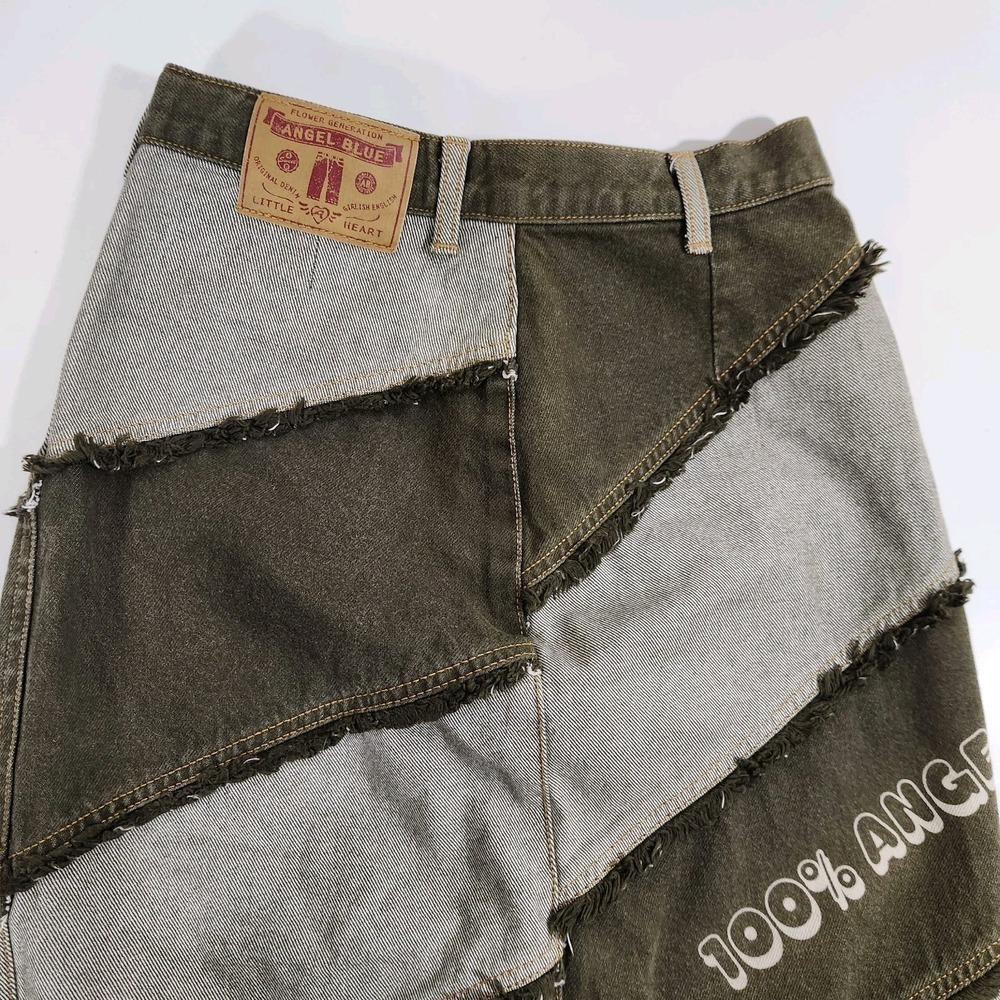 Rare Angel Blue Y2K Patchwork Denim‎ Maxi Skirt Raw Hem Japanese Harajuku 24 XS - Picture 13 of 16